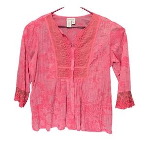 Coldwater Creek Pink Floral Lace Embroidered Crinkle Blouse PXL 3/4 Sleeve Boho